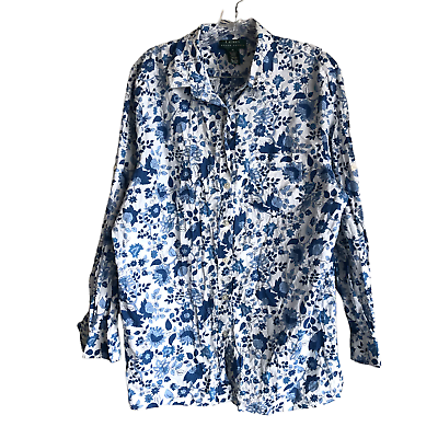 #ad Lauren Ralph Lauren Women#x27;s Blouse Plus 1X Floral Blue 100% Cotton Long Sleeve $58.70