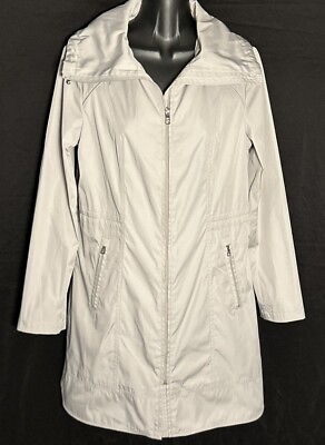 #ad Cole Haan Hooded Full Zip Rain Trench Coat Gray Women#x27;s Sz Small Jacket NWOT $50.00