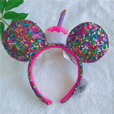 #ad US Disney Parks Happy Birthday Cupcake Cake Sequined Minnie Mickey Ears Headband $15.99