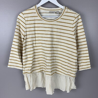 #ad LOGO By Lori Goldstein Womens Small Sweater Top Fabric Hem Striped White Mustard $10.46