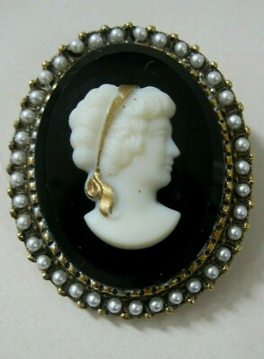 #ad Vtg Victorian White Porcelain Cameo Black Glass Pearls Gold Tone Brooch Pendant $19.99