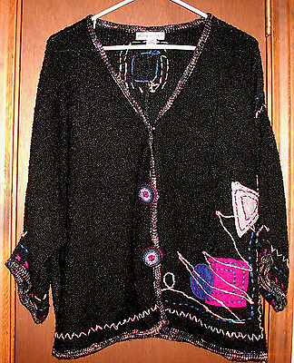 #ad Parkhurst Black Bouclé Knit Embellish Cardi Sweater Jacket w Knit Buttons L XL* $11.49