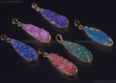 #ad Natural Druzy Quartz Agate Tear Drop Pendant Charm Necklace Healing Beads Gold $6.58