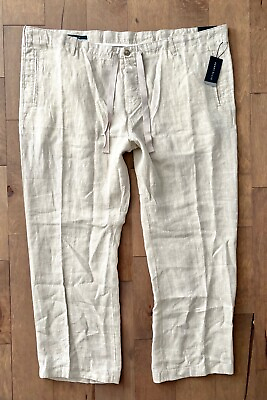 #ad Perry Ellis Nwt Flat Front 100% Linen Drawstring Natural Linen Pants Slacks $24.99