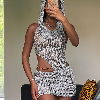 #ad Sequins Womens Knitted Outfits 2 Piece Backless Hollow Out Mini Skirt Set Party $38.03