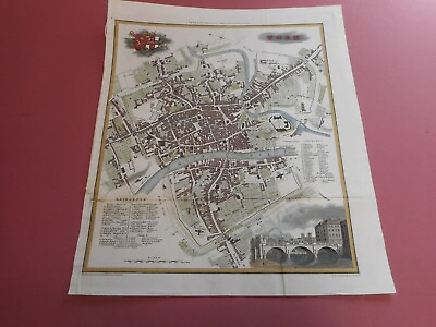 #ad 100% ORIGINAL LARGE YORK CITY MAP BY BAINES C1822 VGC HAND COLOURED GBP 125.00