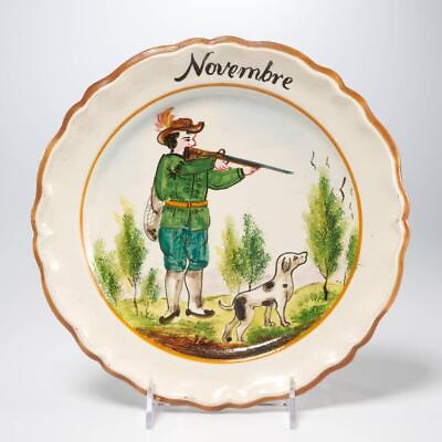 #ad Deruta Italian Brown Majolica Folk Art November Man Hunting Dog Month Plate 10quot;d $70.00