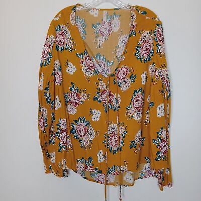 #ad Xhilaration Top Size 2X blouse mustard yellow floral FLAW spots on shirt $13.00