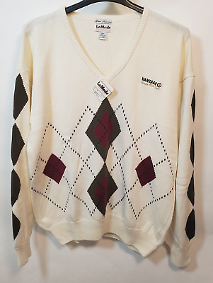 #ad La Mode Mens Hand Intarsia Golf Cream Cotton V Neck Diamond Sweater SZ XXL VTG $32.96