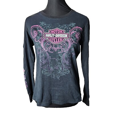 #ad Harley Davidson Long Sleeve Shirt S Black Pink Womens $17.49