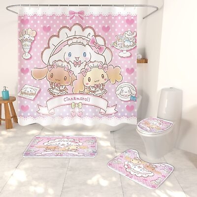 #ad 4 Piece Cute Dog Kids Shower Curtain Set Fun Cartoon Pink Backdrop Bathroom S... $61.34