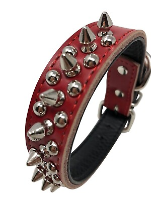 #ad Dog Collar Studded Spike Studs Faux Leather Medium 10 13quot; Neck Red 1quot; wide $11.99