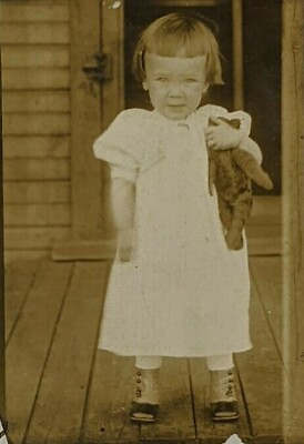 #ad Vintage 1890s Little Girl Bowl Cut Baby Bangs Hair Hugs Teddy Bear Cabinet Card $22.46