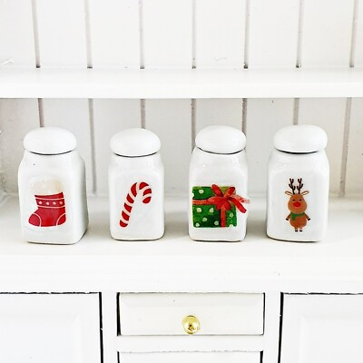 #ad Miniatures Ceramic Canister Cookies Jar Dollhouse Ornaments Christmas Decor Set $29.99