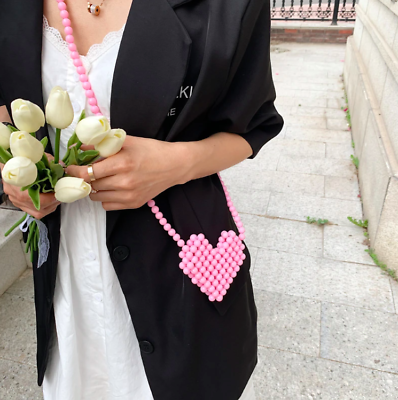 Mini Heart Handbag Pearl Women#x27;s Crossbody Bag Beads Love Shape Micro Lipstick $19.98
