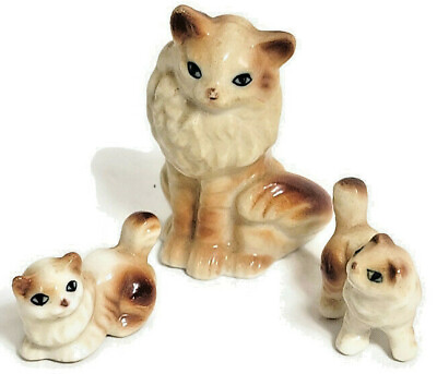 #ad 3 Kitty Cats Mom amp; Kittens Genuine Bone China Miniature Figurines Tan $24.95