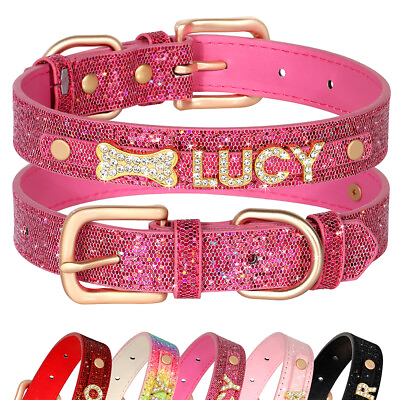 #ad Personalized Dog Collar Leather Rhinestone Bling Charms Custom Free Pet DIY Name $13.99