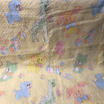 #ad VINTAGE Acrylic Baby Blanket YELLOW WHITE Bear Bunny Love Dog Giraffe Duck Block $36.96