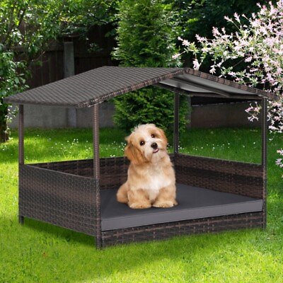 Wicker Dog House Cushion Soft Raised Rattan Bed Outdoor Weatherproof Roof Garden $117.99
