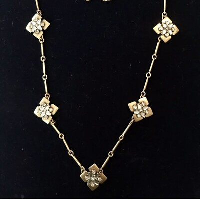 #ad J.Crew Brushed Gold Tone Bar Link Rhinestone Quatrefoil Flower Necklace 28” $19.99
