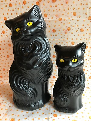 #ad Blow Mold Plastic Halloween Black Cats Decoration Scary Yellow Eyes Union Pair $29.99