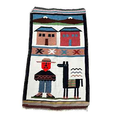 #ad Vintage Peruvian Weave Hook Rug Tapestry South American Alpaca Andes Farmer $78.00