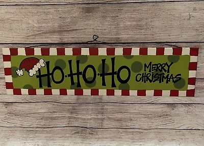 #ad Wooden Christmas Wall Decor Sign Ho Ho Ho Merry Christmas 24x6” Red White Green $13.99