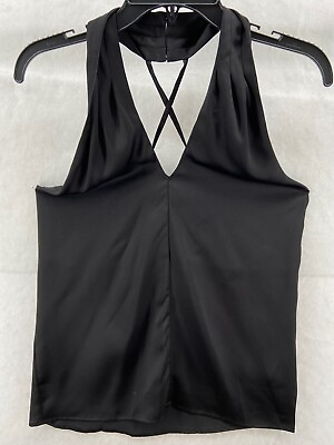 #ad Chelsea 28 Shirt Womens X Small Halter Tank Satin Black Neck Wrap NWT $59 $10.23