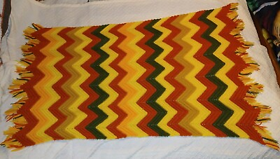 #ad Crochet Throw Orange Green Yellow 5#x27; x 3#x27; Zigzag Stitch w Fringe Handmade $20.00