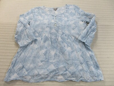 #ad J Jill Women Shirt Large Blue Patterned Button Round Neck 3 4 Sleeve Cotton $21.99