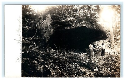 #ad 1904 1920#x27;s Place in West Granby Woman Under Rock in Woods RPPC Postcard $35.00