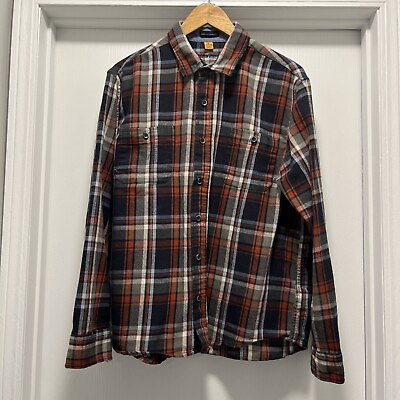 #ad Tailor VIntage Men ButtonUp Shirt XL Rust Navy Plaid Flannel Collar Long Sleeve $22.95