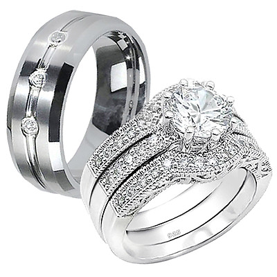 #ad 4 Pcs Womens CZ Sterling Silver MensTungsten Wedding Engagement Ring Band Set $52.99