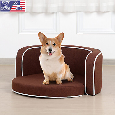 30quot; Round Pet Sofa Dog sofa Cat Bed with Wooden Structure Cushion Brown Gray $135.99