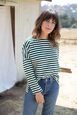 #ad Tradlands Striped Boat Neck Top M Green Long Sleeve Boxy Dolman Cotton Blend $34.99