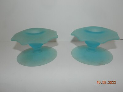 #ad Vtg Indiana Glass? Blue Frosted Glass Candlestick Holders Set of 2 2.5quot; Tall $24.99