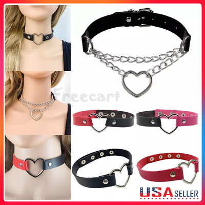 #ad PU Leather Choker Necklace Adjustable Heart Chain Neck Collar Goth Punk Jewelry $4.72