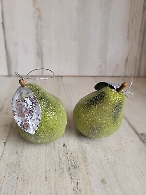#ad Frosted green pear fruit set ornament Xmas shiny $15.98