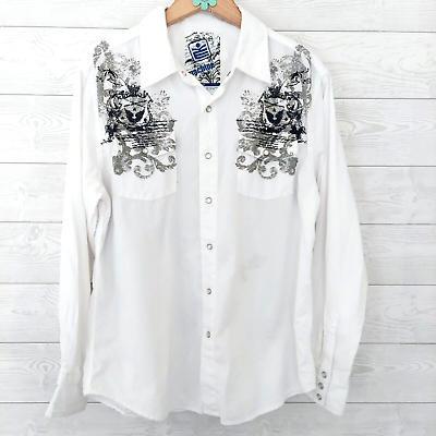 #ad MK Machine Shirt Mens Large Graphic Snap Button Up White Casual Retro Y2K $14.36