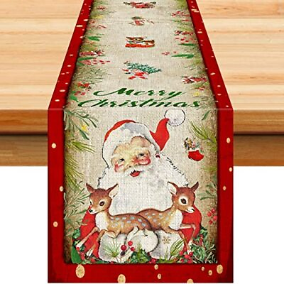 #ad Vintage Christmas Table Runner Xmas Holiday Santa Claus Kitchen Dinner Table $15.37