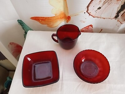 #ad Lot Of 3 Ankor Hocking Ruby Red Dishes $25.00
