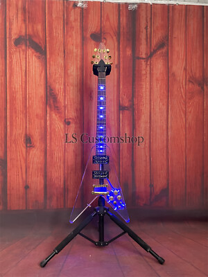 #ad Acrylic body Electric Guitar V Style Gold Hardware Blue LED Light Fast Ship $406.93
