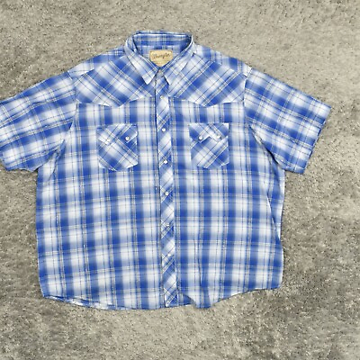 #ad Wrangler Men#x27;s 2XL Button Shirt Short Sleeve Plaid Blue Pearl Snap Plaid Polyest $11.48