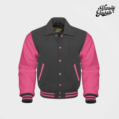 #ad DarkGray Wool Light Pink Sleeve Collar Varsity Jacket Letterman Baseball College $114.00