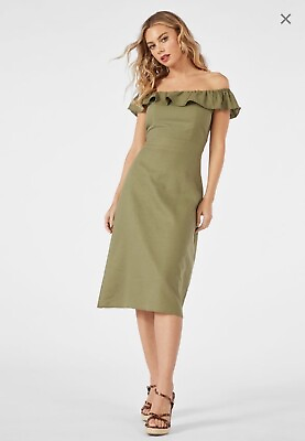 #ad NWT JustFab Dress Linen Off the Shoulder Midi Olive Green Womens Size M $28.00
