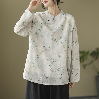 #ad Womens Style Floral Chinese Loose Stand Collar Long Sleeves Shirt Casual Tops $29.68