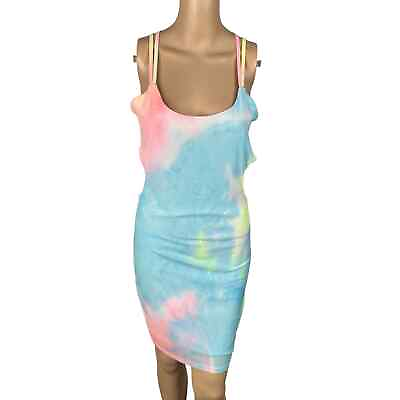 #ad Pastel Rainbow Tie Dye Mesh Cut Out Cross Backless Bodycon Dress Women#x27;s M $20.00