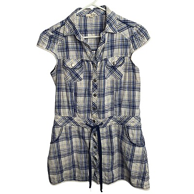 #ad Bebop Size Medium Blue Plaid Womens Button Blouse Top Pockets Cap Sleeve Tunic $19.20
