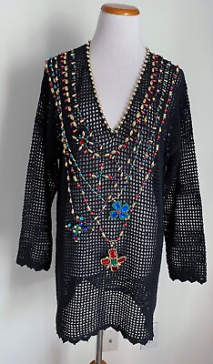#ad Vintage EXPRESS Tricot Hand Knitted Black Open Knit Beaded Jeweled Sweater SM $24.99