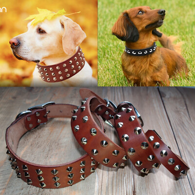 #ad Genuine Leather Studded Dog Collars Heavy Duty for Small Medium Large Dogs S XL $11.99